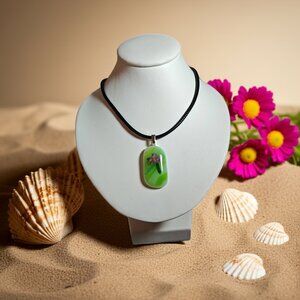 One of a kind artisan handcrafted green pink floral fused glass pendant necklace